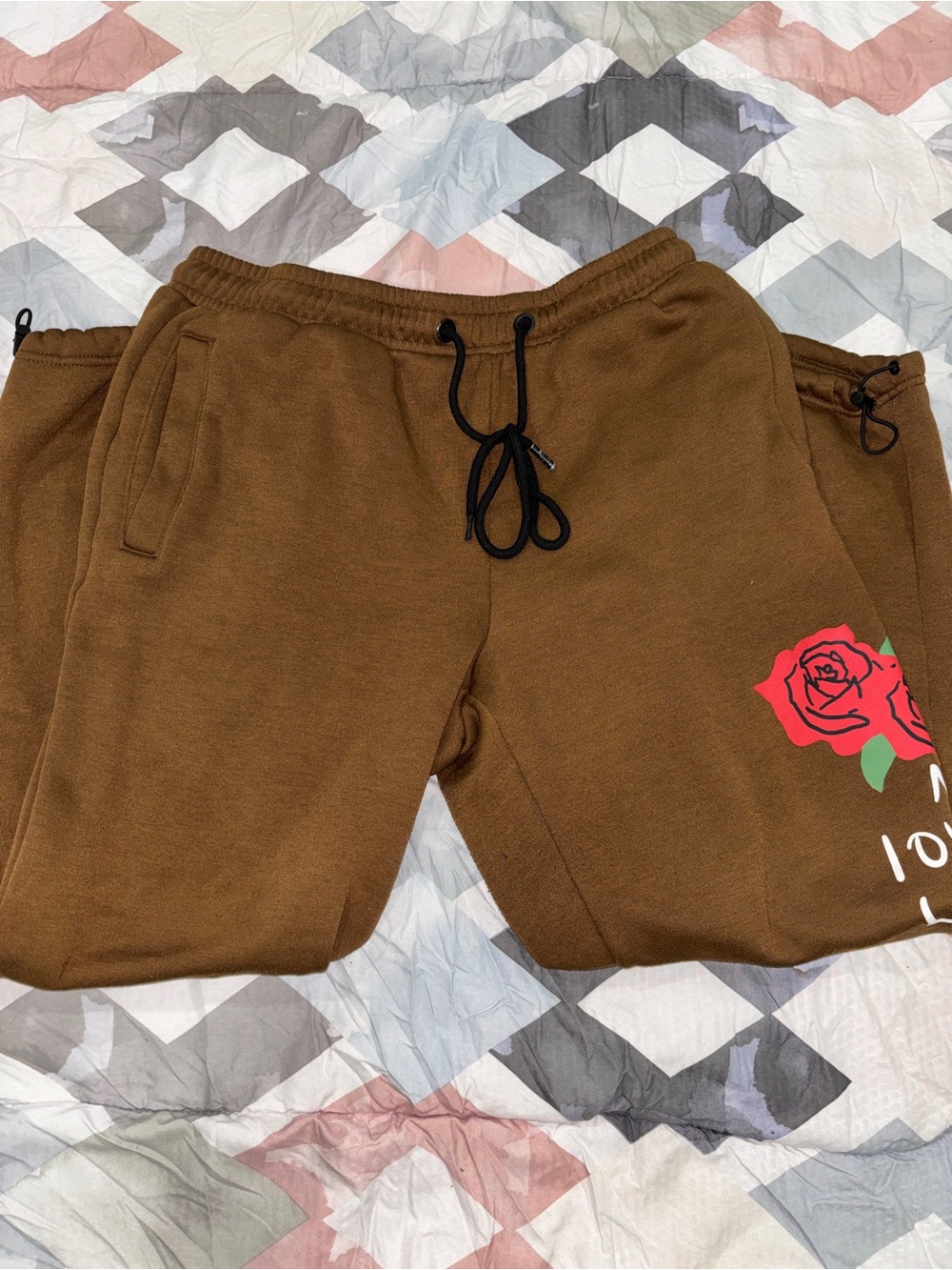 Women's Brown Jogger Sweatpants with Rose Graphic